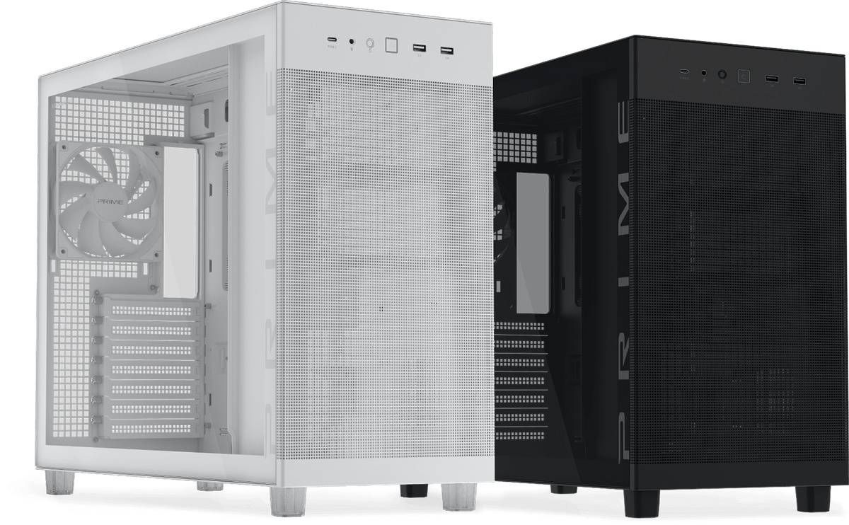 ASUS Prime AP303 black and white versions, showing tempered glass panel models side by side