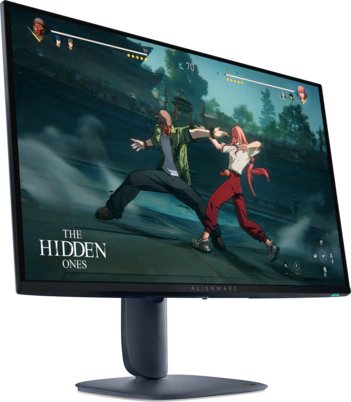 View right-facing Alienware 27 280Hz QD-OLED Gaming Monitor AW2725D. Gameplay on screen is of The Hidden Ones.