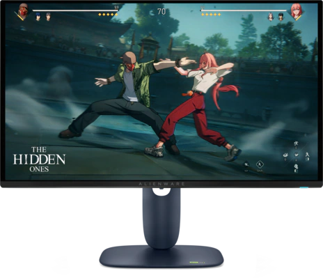 View forward-facing Alienware 27 280Hz QD-OLED Gaming Monitor AW2725D. Gameplay on screen is of The Hidden Ones.