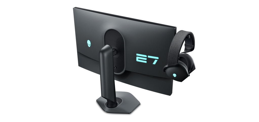 Rear view of Alienware AW2725QF Monitor with Alienware Pro Headset resting on top corner of Monitor.