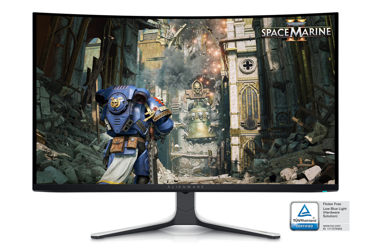 Dell AW3525QF Gaming Monitor with a Space Marine game image on the screen. 