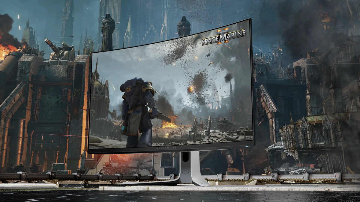 Dell AW3525QF Gaming Monitor with a Space Marine game image on the screen. 
