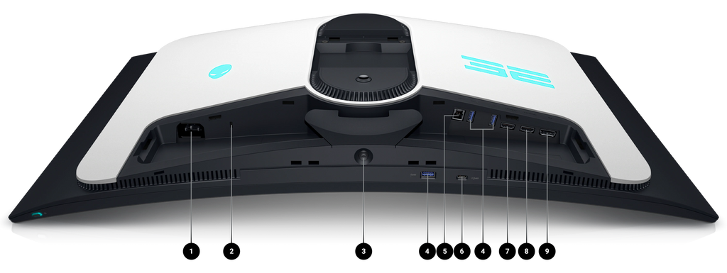Dell AW3525QF Gaming Monitor with the screen down and numbers from 1 to 9 showing the product connectivity options.  