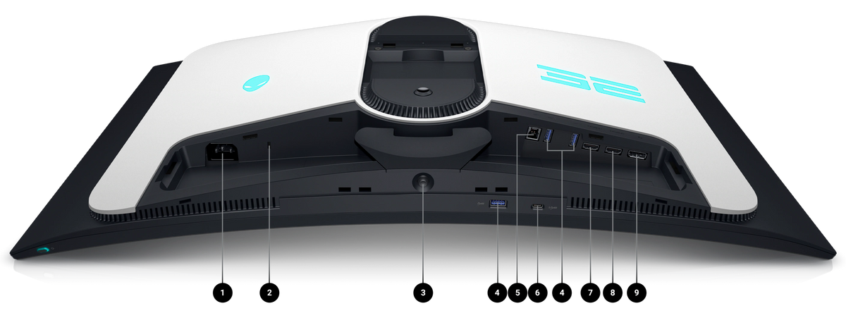 Dell AW3525QF Gaming Monitor with the screen down and numbers from 1 to 9 showing the product connectivity options.  