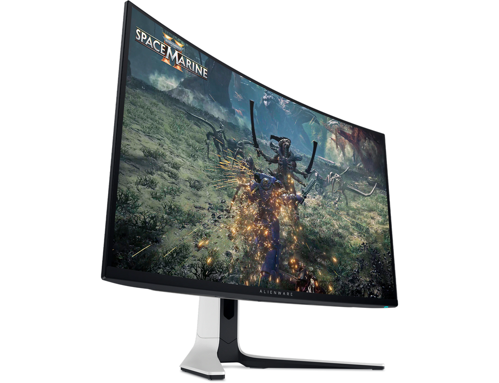 Dell AW3525QF Gaming Monitor with a Space Marine game image on the screen. 