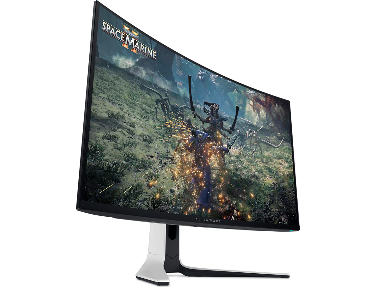 Dell AW3525QF Gaming Monitor with a Space Marine game image on the screen. 