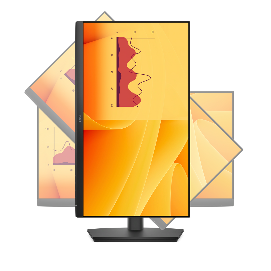 Four different angles of a Dell Pro 22 Adjustable Stand Monitor showing its ability to rotate, swivel, tilt and raise.