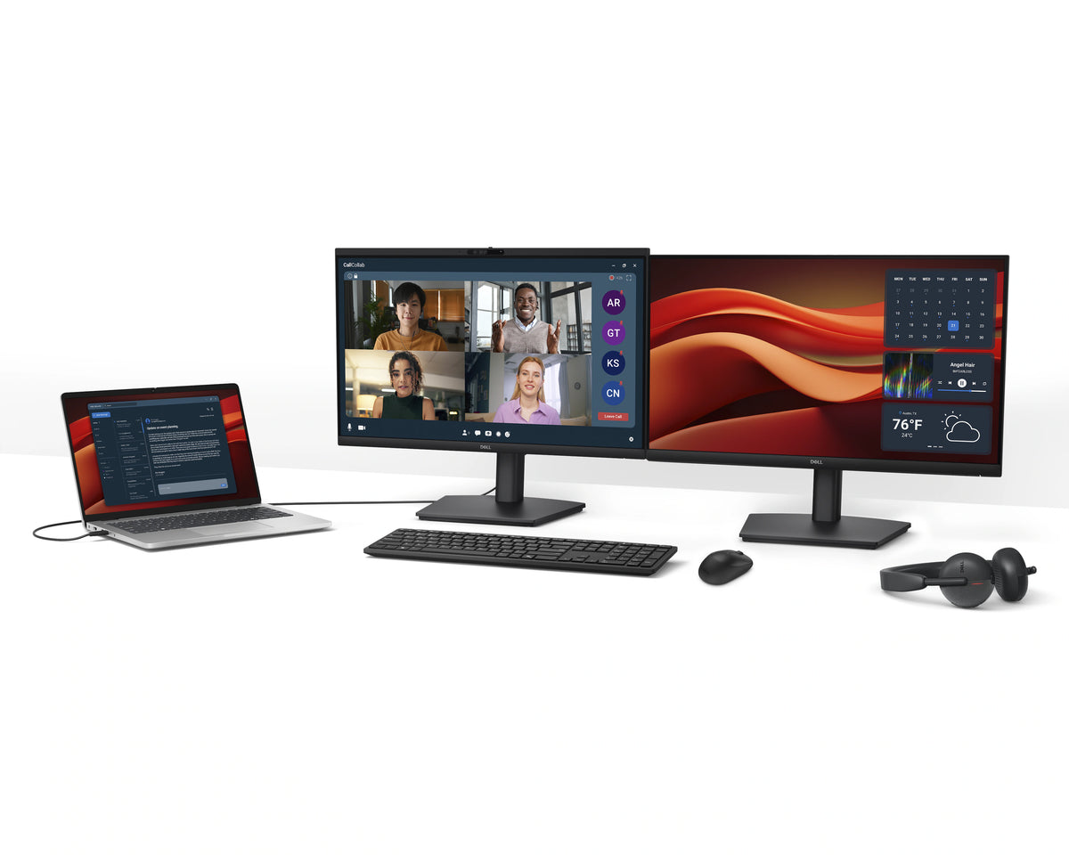 Two Dell Pro 24 Video Conferencing Monitors connected to a laptop, keyboard and mouse.
