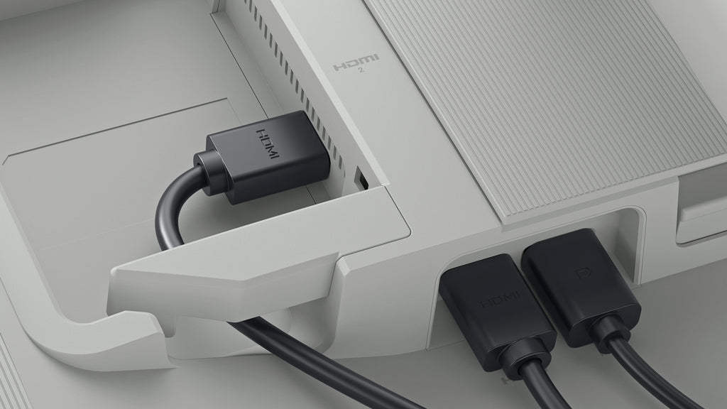 A close up of the back of the monitor, highlighting the side-access ports.