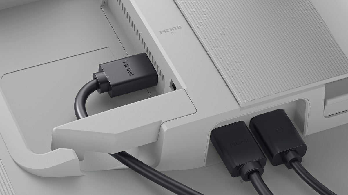 A close up of the back of the monitor, highlighting the side-access ports.