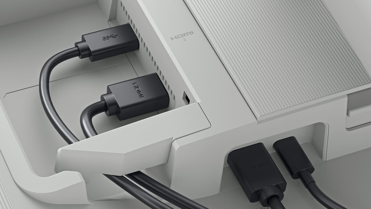 A close up of the back of the monitor, highlighting the side-access ports.