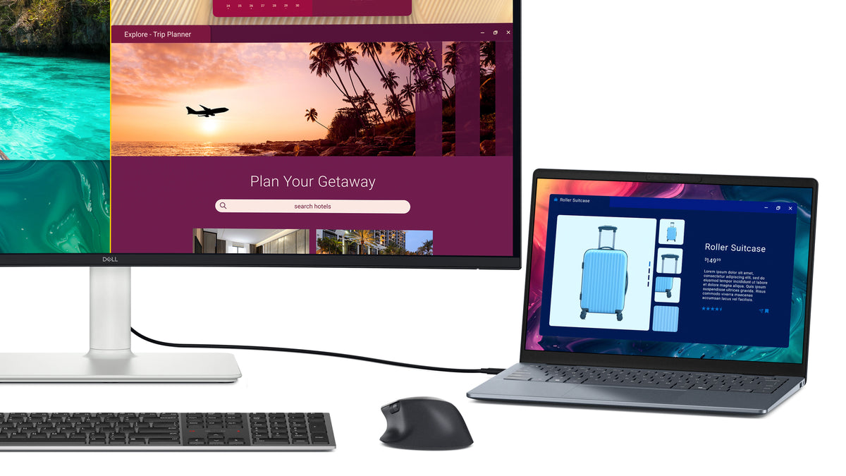 Dell 27 Plus Monitor with a laptop, keyboard and mouse connected.
