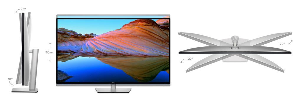 Three different positions of the Dell UltraSharp U4323QE Monitor.
