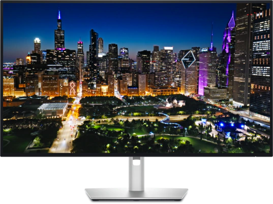 View forward-facing An UltraSharp 32 4K Thunderbolt Hub Monitor with an image of a city skyline.