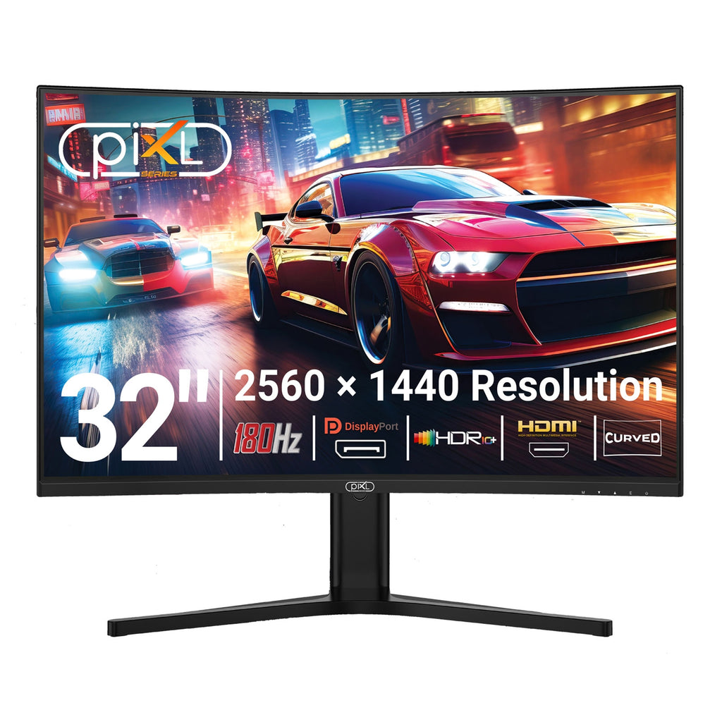piXL X-Series GS32QIDPHA 32 Inch QHD VA, Curved (1500R) Gaming Monitor with 180Hz Refresh Rate, 2560 x 1440 Resolution, 1ms Response Time, HDR10+, Adaptive Sync, 2x HDMI 2.1 &amp;amp; 2x DisplayPort 1.4, Height Adjustable