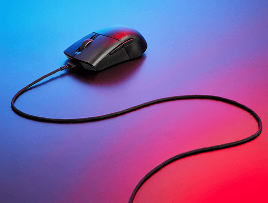The black ROG Keris Wireless AimPoint attached to the flexible ROG Paracord