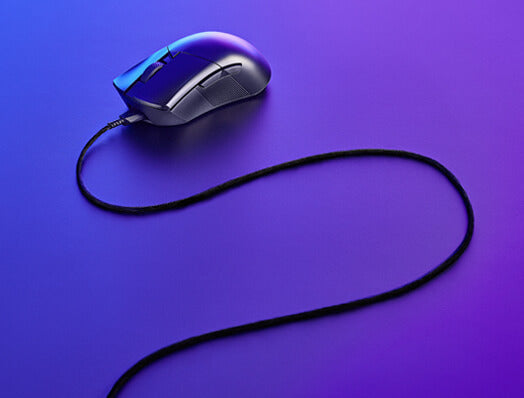 The black ROG Gladius III Wireless AimPoint attached to the flexible ROG Paracord