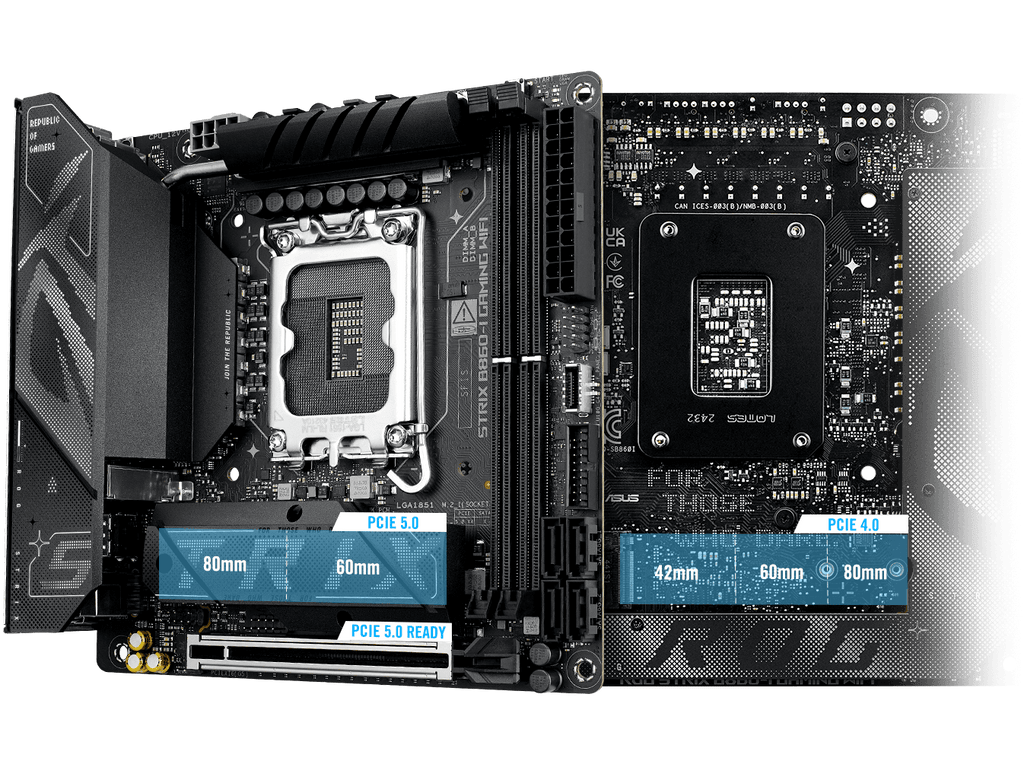 The Strix  B860-I PCIe 5.0 M.2 and expansion slot layout