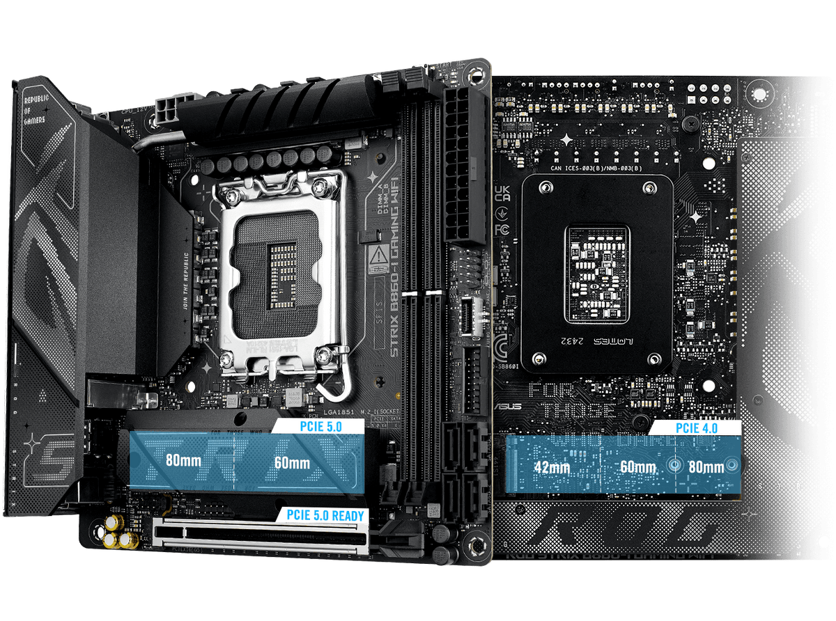 The Strix  B860-I PCIe 5.0 M.2 and expansion slot layout
