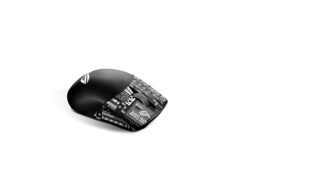 A black ROG Keris Wireless AimPoint with ROG-patterned mouse grip tape