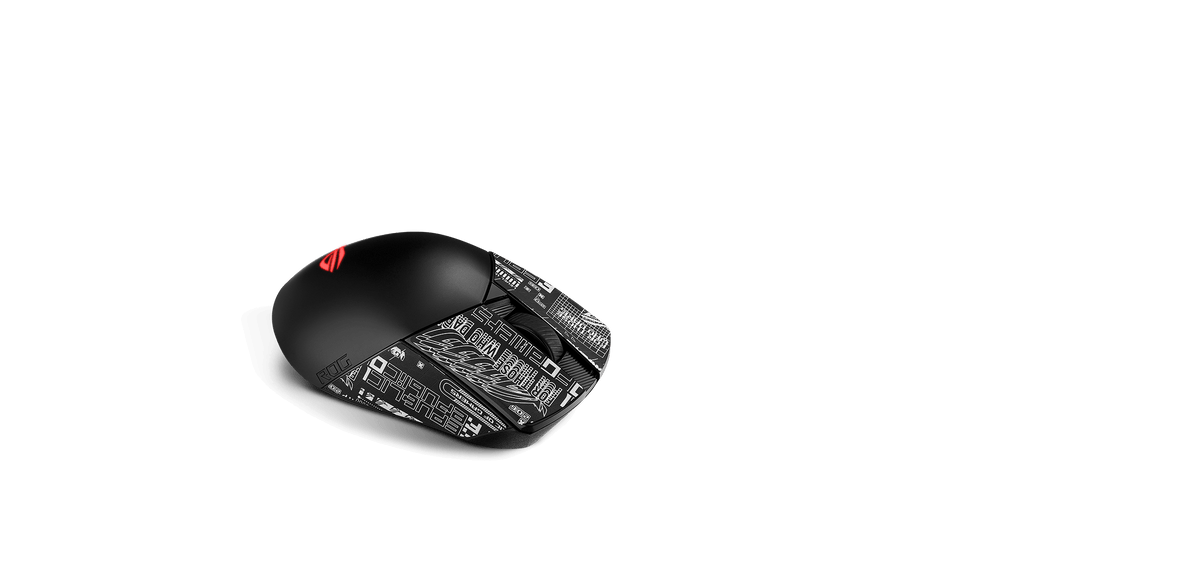 A black ROG Gladius III Wireless AimPoint with ROG-patterned mouse grip tape