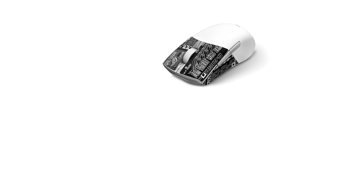 A white ROG Keris Wireless AimPoint with ROG-patterned mouse grip tape