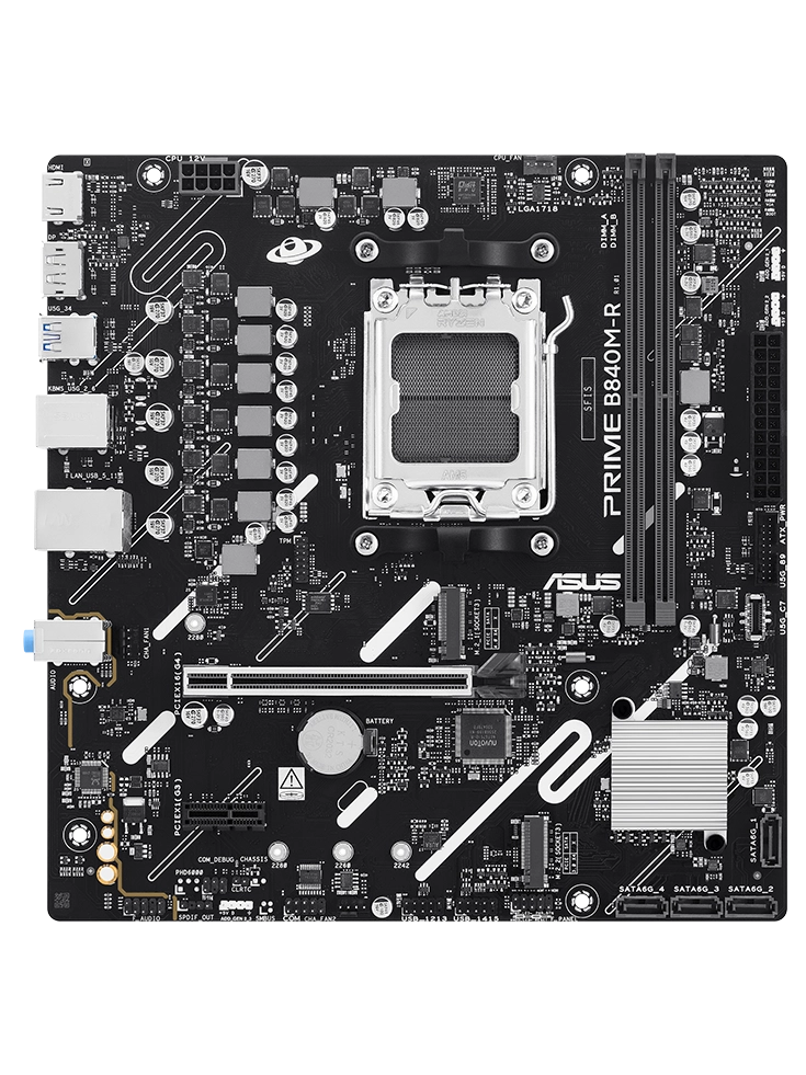 PRIME B840M-R motherboard front view, floating in space.