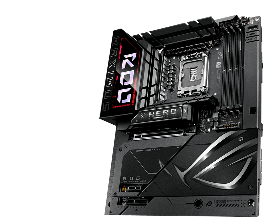 The ROG Maximus Z890 Hero BTF left sided angle