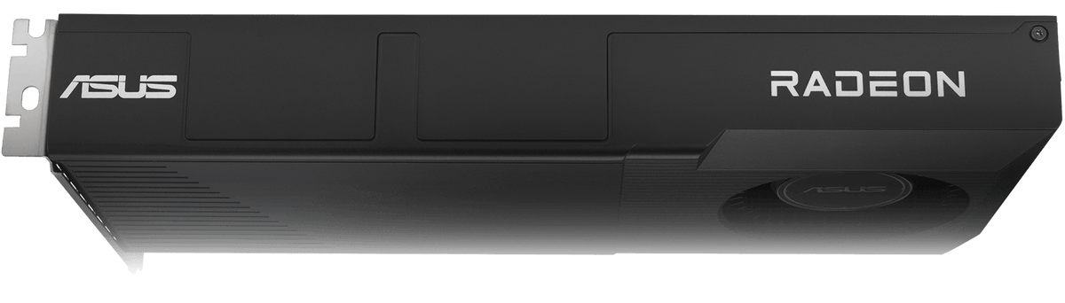 Angled top down view of the ASUS Turbo Radeon&trade; AI Pro R9700 graphics card hero angle