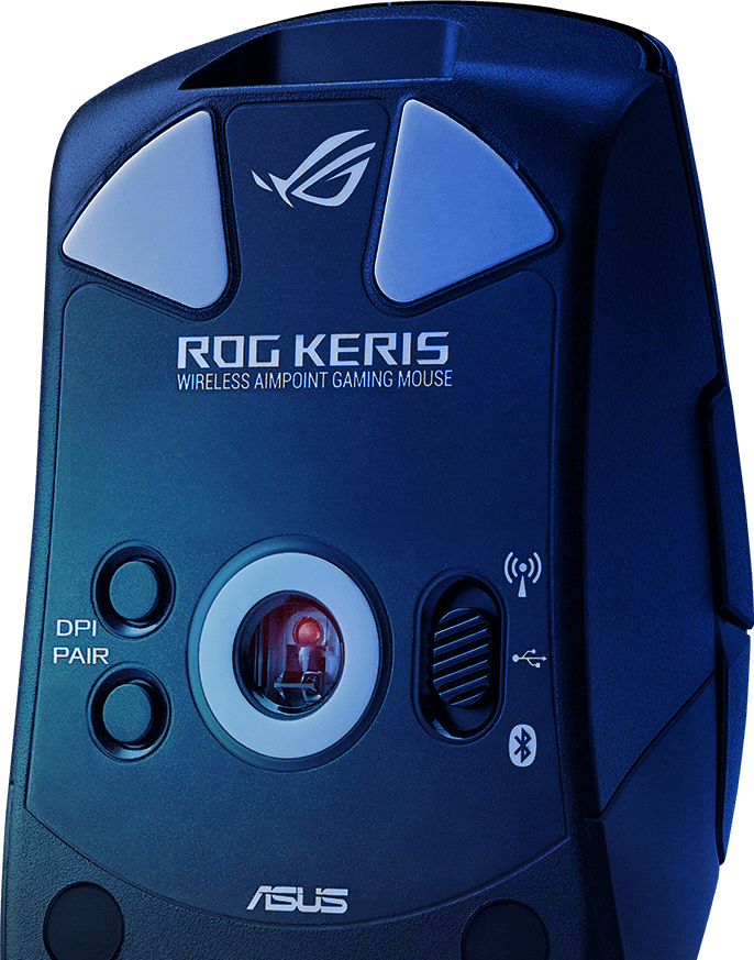The bottom of the ROG Keris Wireless AimPoint with the sensor glowing