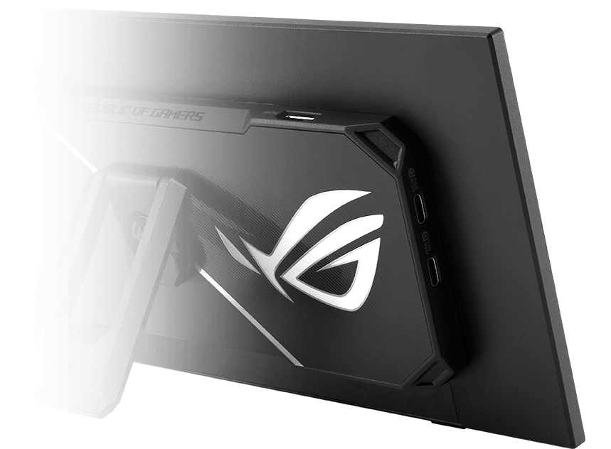  An image showing the different ports on the rear of ROG XG129C portable monitor, highlighting one HDMI port and two USB-C ports.