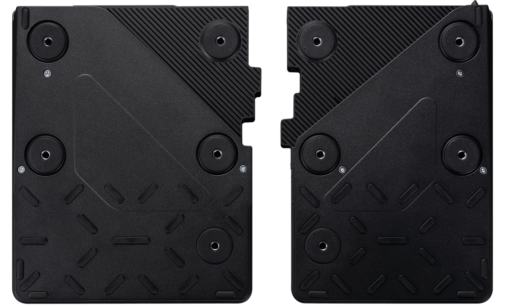 Keyboard bottom view showing tenting tilt configuration with high feet installed on the inner sides for a raised center angle.