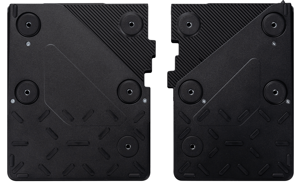 Keyboard bottom view showing tenting tilt configuration with high feet installed on the inner sides for a raised center angle.
