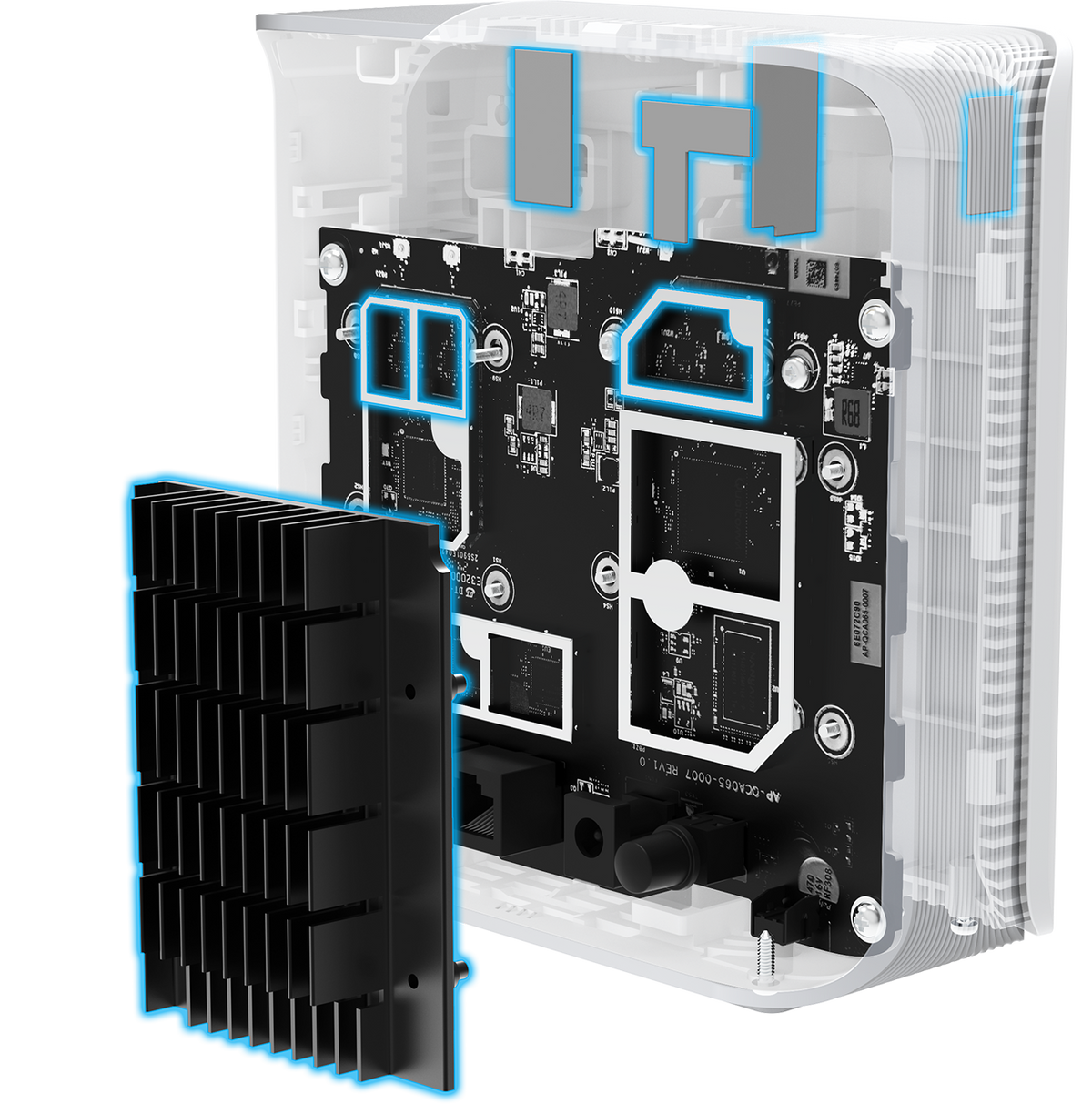 Transparent view of ZenWiFi BD4 showing 4 internal antennas, 4 high-power front-end modules, and nanocarbon layer heatsink.