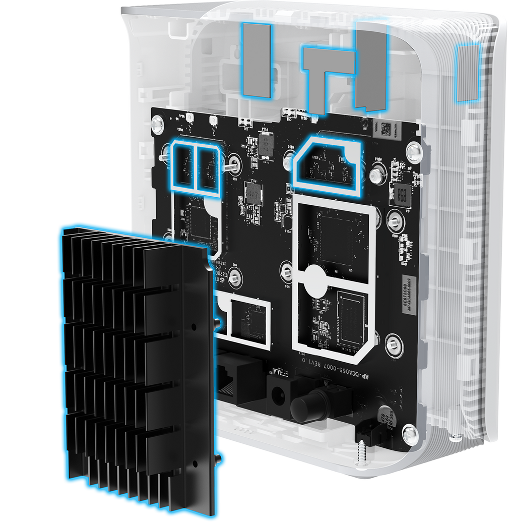 Transparent view of ZenWiFi BD4 showing 4 internal antennas, 4 high-power front-end modules, and nanocarbon layer heatsink.