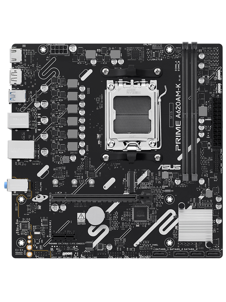 PRIME A620AM-K motherboard front view, floating in space.