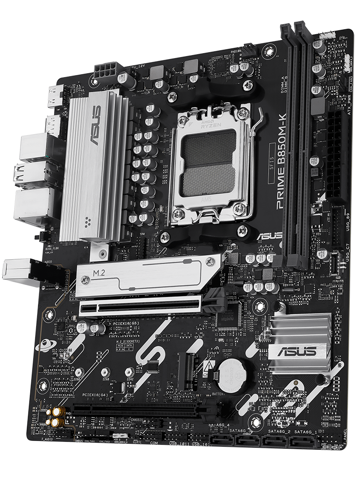 PRIME B850M-K motherboard front view, floating in space.