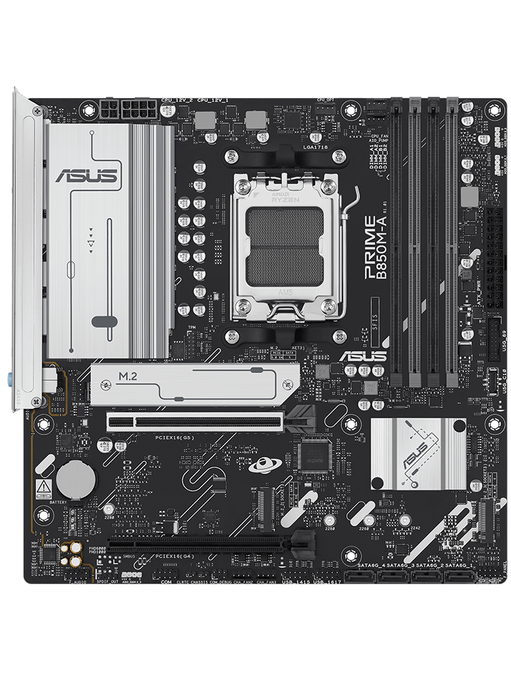 PRIME B850M-A-CSM motherboard front view, floating in space.