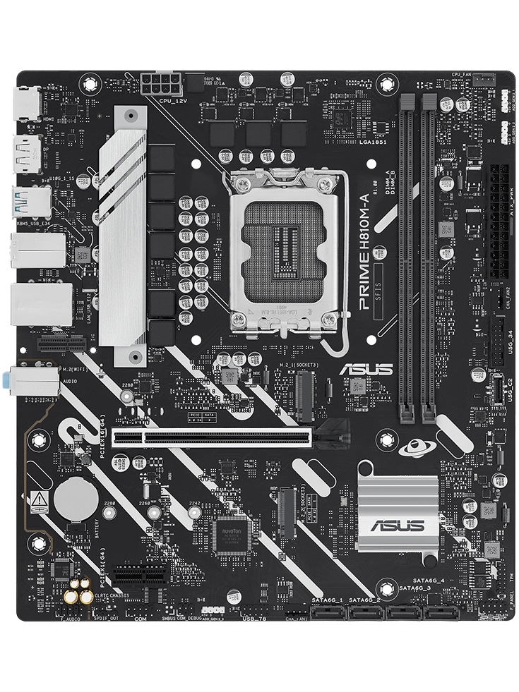 PRIME H810M-A-CSM motherboard front view, floating in space.