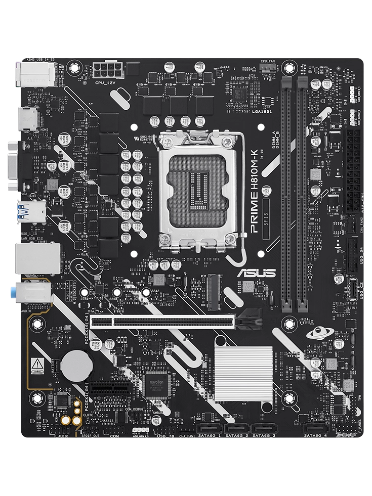 PRIME H810M-K motherboard front view, floating in space.