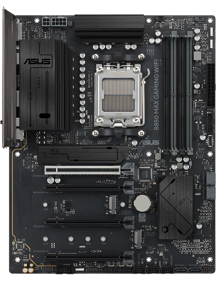B850 MAX GAMING WIFI motherboard front view, floating in space.