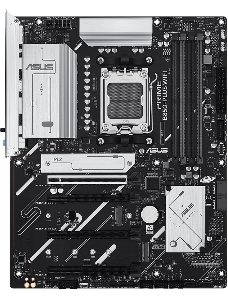 PRIME B850-PLUS WIFI motherboard front view, floating in space.