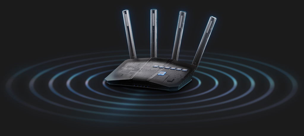 RT-BE82U front angled transparent view, showing CPU, FEMs and four external antennas