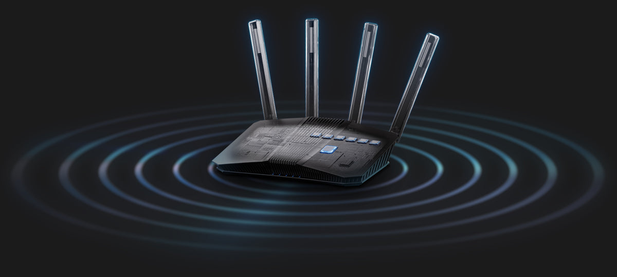 RT-BE82U front angled transparent view, showing CPU, FEMs and four external antennas