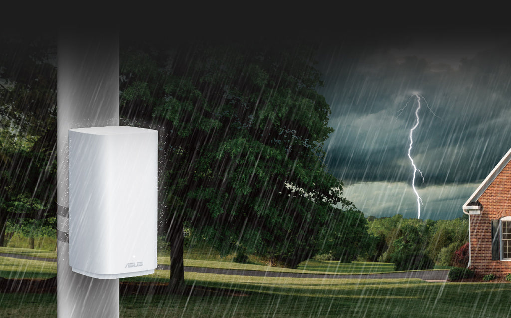 ZenWiFi BD4 Outdoor in rain with nearby lightning, highlighting ESD, surge protection, and IP65-rated durability.
