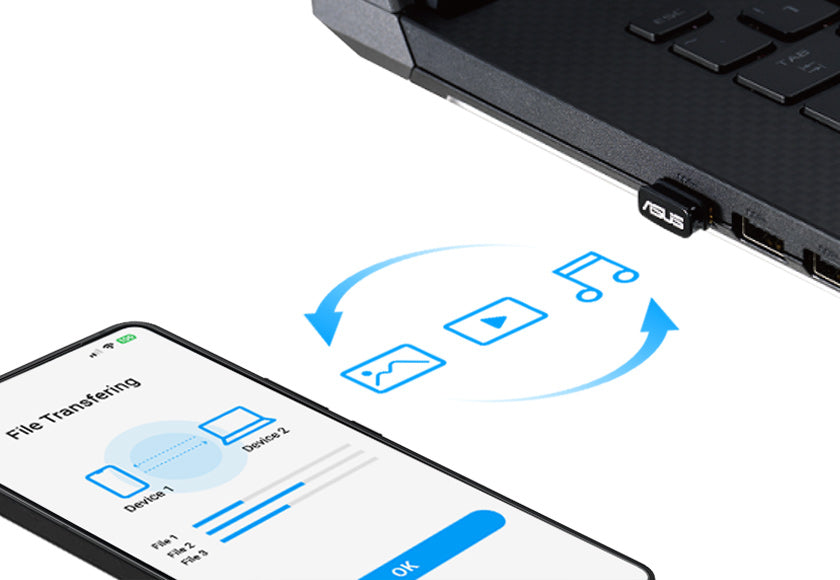 Smartphone screen displays a file transferring interface while a laptop with an ASUS USB dongle shows icons representing image, video, and music file exchange.