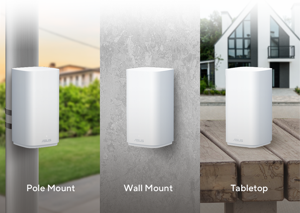 ZenWiFi BD4 Outdoor offers three mounting options: pole-mount, wall-mount, and tabletop.