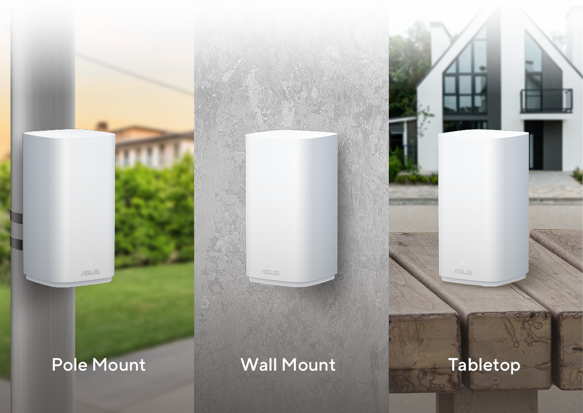 ZenWiFi BD4 Outdoor offers three mounting options: pole-mount, wall-mount, and tabletop.