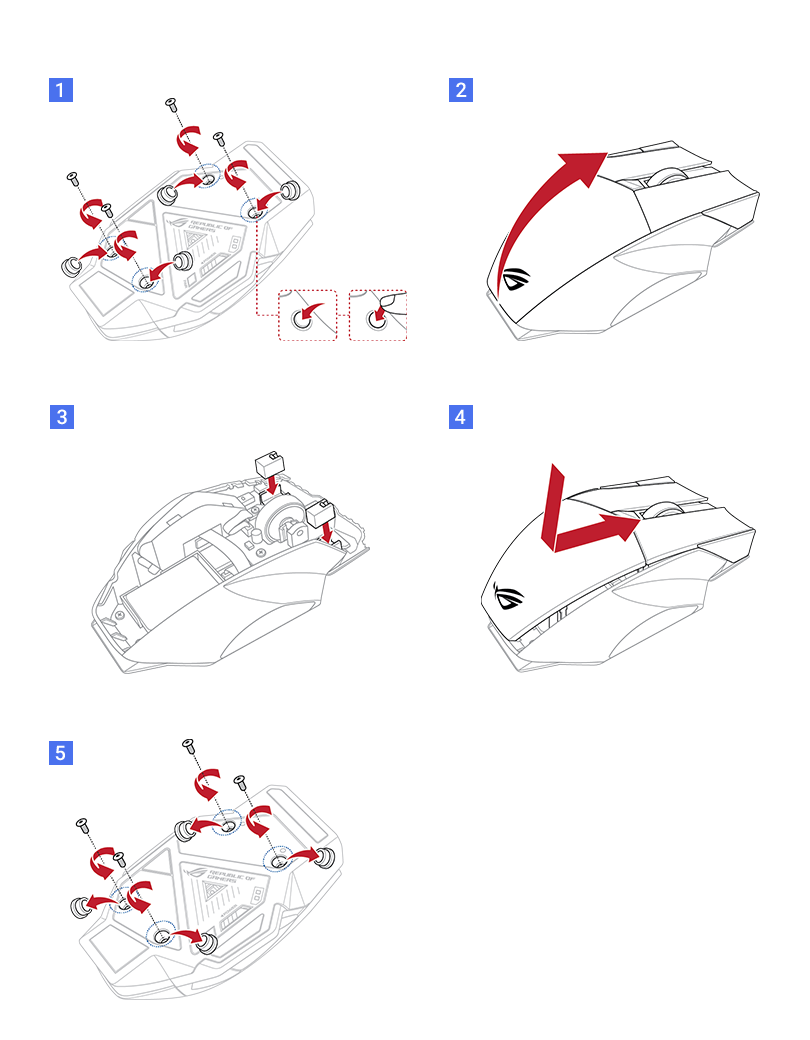 Step 1: Remove the four rubber screw covers and screws underneath the ROG Spatha X. Step 2: Remove the top cover. Step 3: Swap out the old switches and put in new ones. Step 4: Slide the top cover back onto the mouse. Step 5: Put back all the screws and rubber screw covers