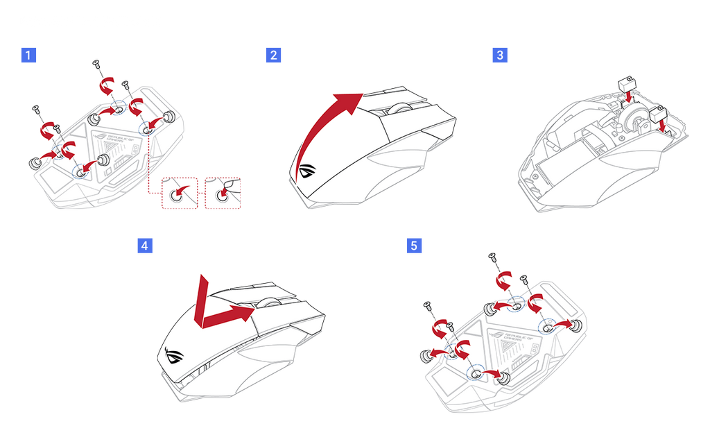 Step 1: Remove the four rubber screw covers and screws underneath the ROG Spatha X. Step 2: Remove the top cover. Step 3: Swap out the old switches and put in new ones. Step 4: Slide the top cover back onto the mouse. Step 5: Put back all the screws and rubber screw covers